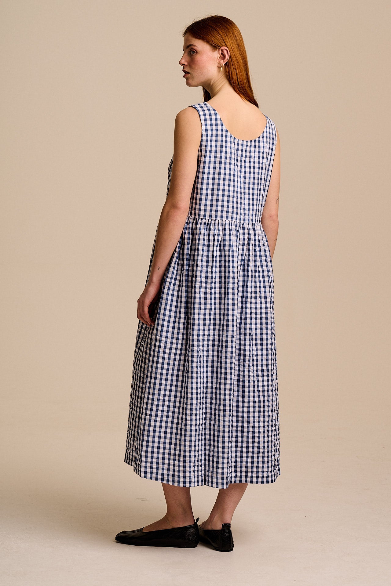 Aimee - Cotton Midi Dress in Blue Gingham