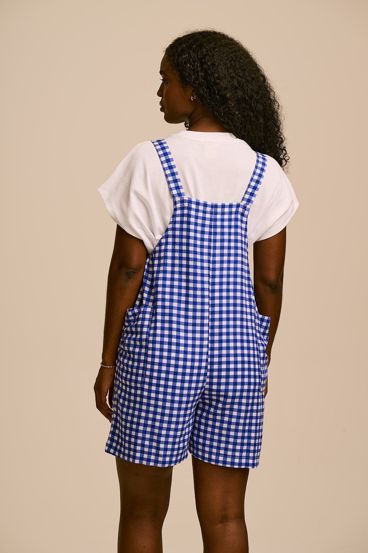 Alya - Viscose Dungaree Shorts in Blue Check