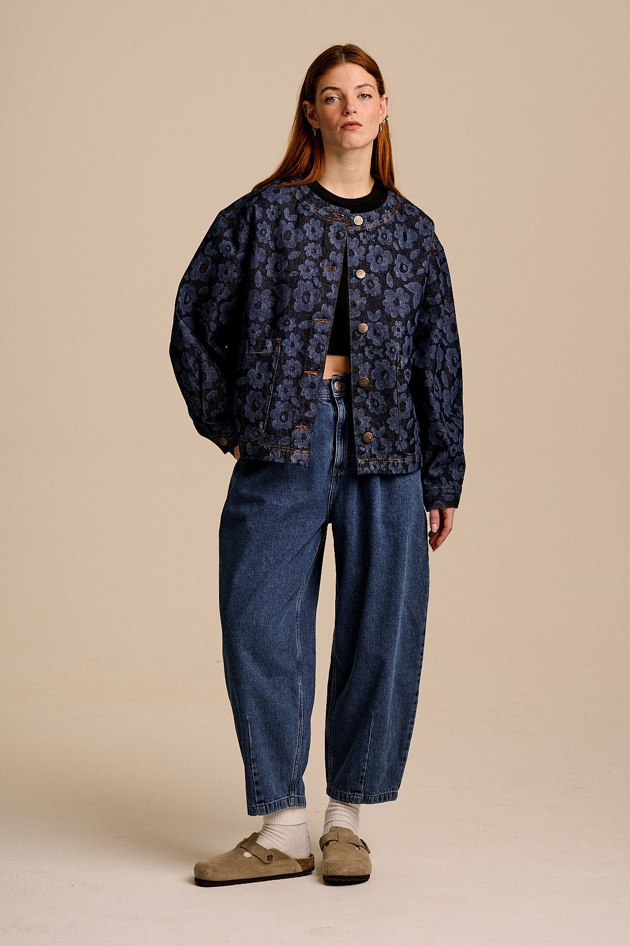 Amarante - Collarless Denim Collarless Jacket in Vida Floral