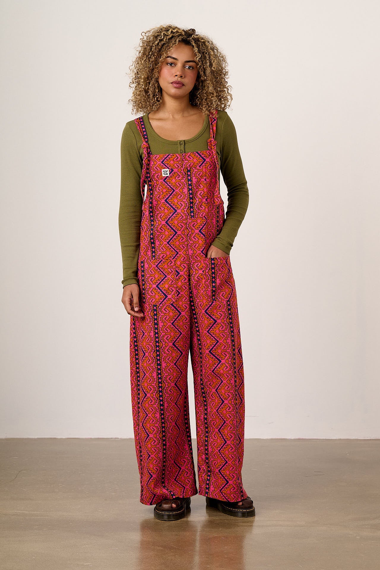 Arlo - Cotton Wide Leg Dungarees in Red Zig Zag Stripe