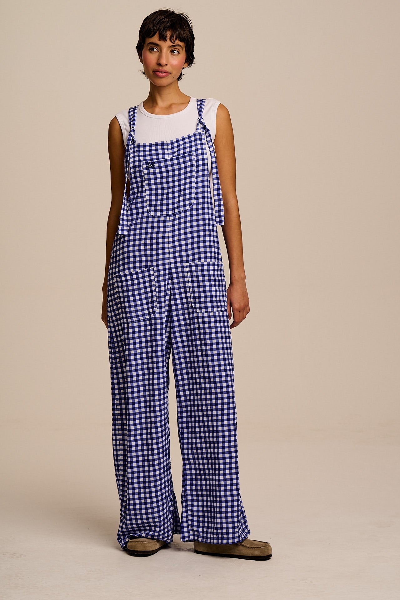 Arlo - Cotton & Viscose Wide Leg Dungarees in Blue Gingham Check