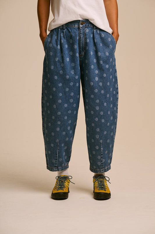 IMPERFECT - Ashby - Denim Barrel Leg Trousers in Midwash Polka Dot