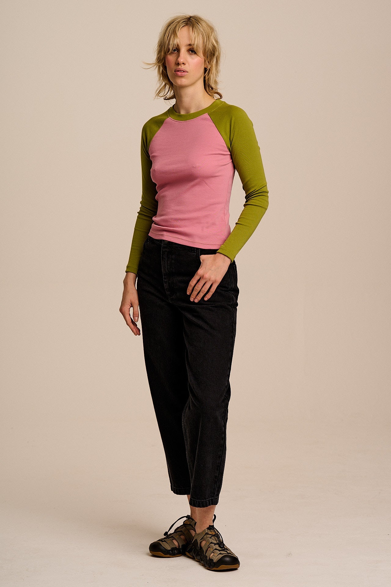 Avi - Raglan Long Sleeve Top in Pink & Green