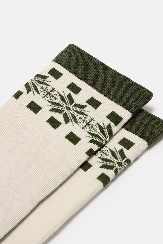 JoJo - Cotton Socks in Green & Ecru Snowflake