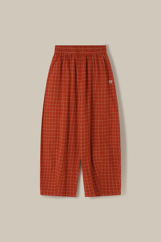Obregon - Barrel Leg Brushed Cotton Trousers in Rust Check