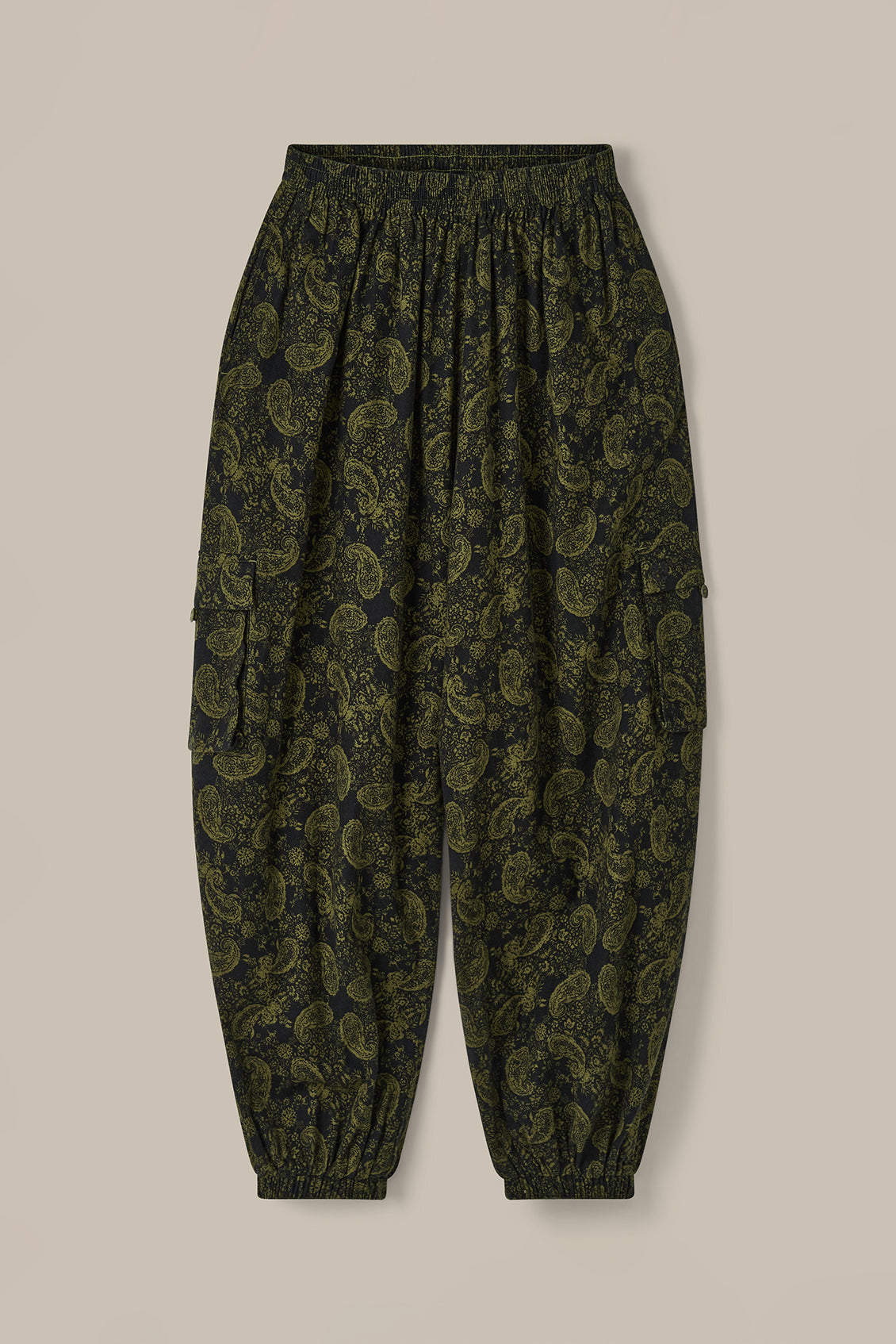 Rumi - Brushed Cotton Barrel Trousers in Grunge Green Paisley Print