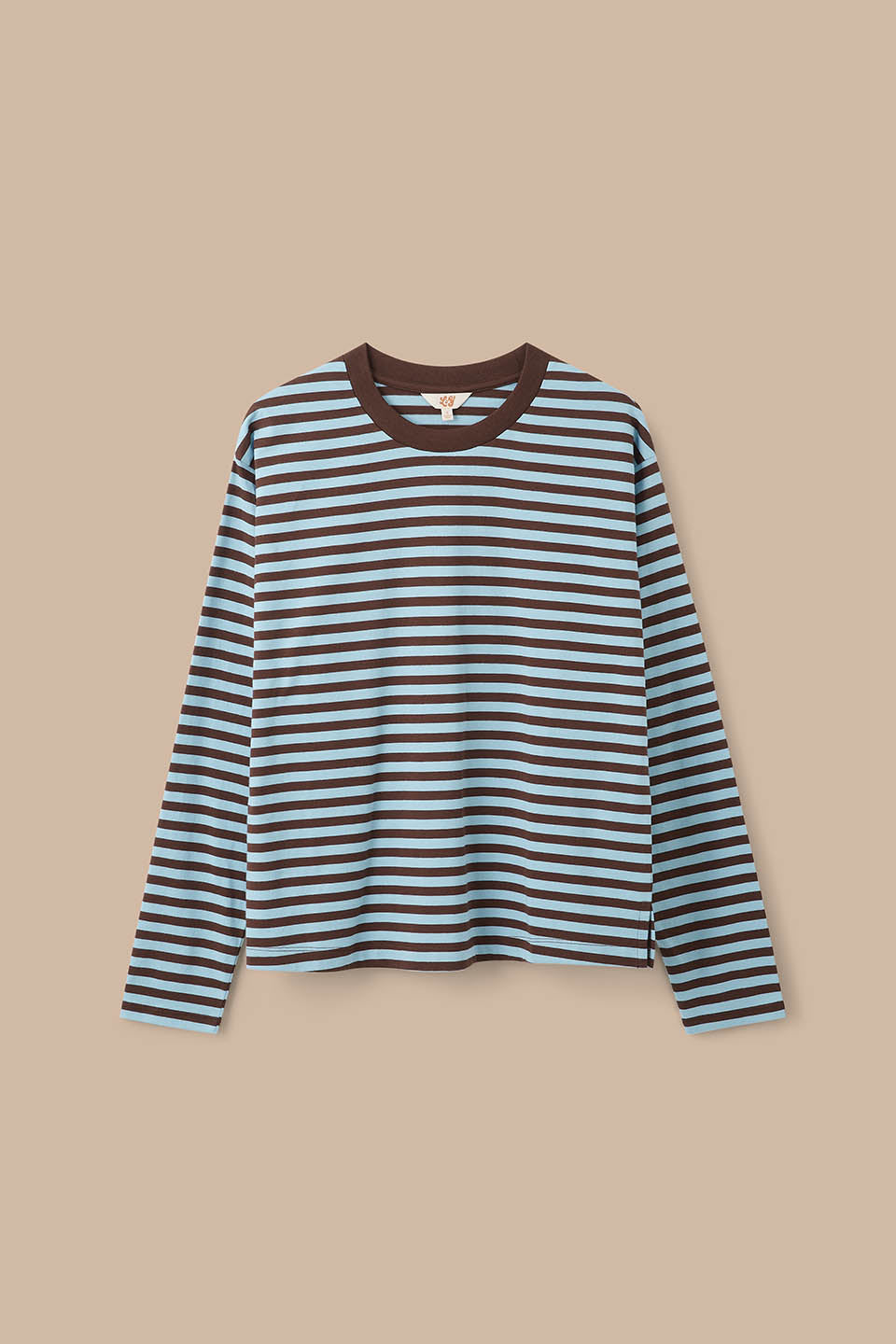 Mysen - Long Sleeve Cotton Top in Chocolate and Blue Stripe