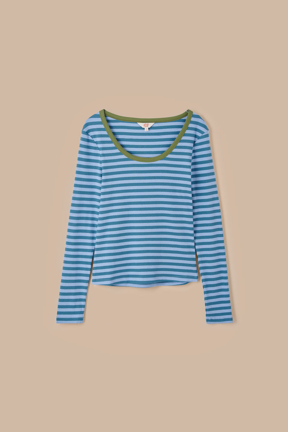 Remy - Ribbed Cotton Scoop Neck Long Sleeve Top in Blue Stripe