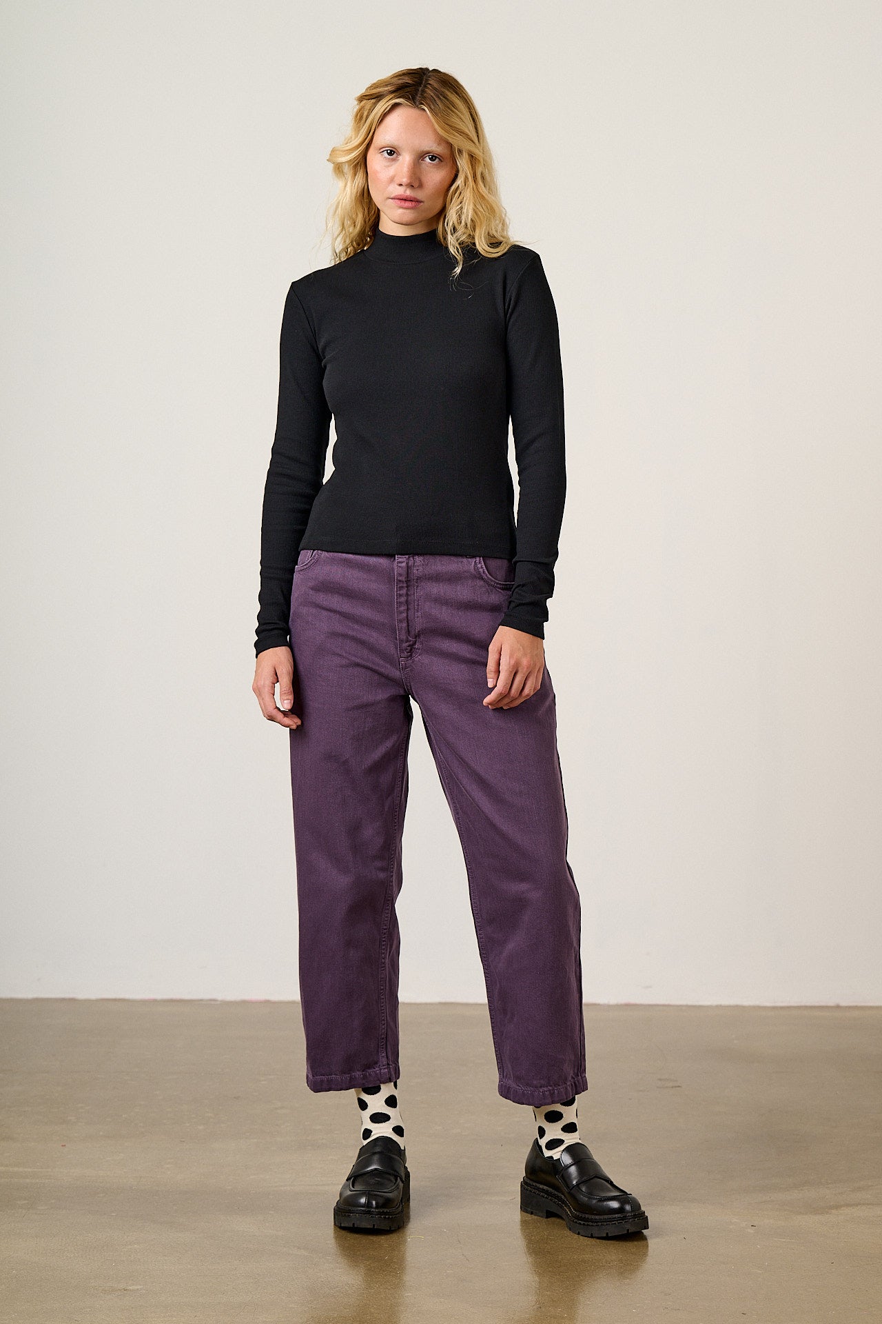 Tia - Cotton Ribbed Funnel Neck Top in Black