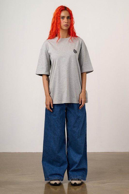 Benny - Oversized Cotton T-Shirt in Grey Marl with Butterfly Print