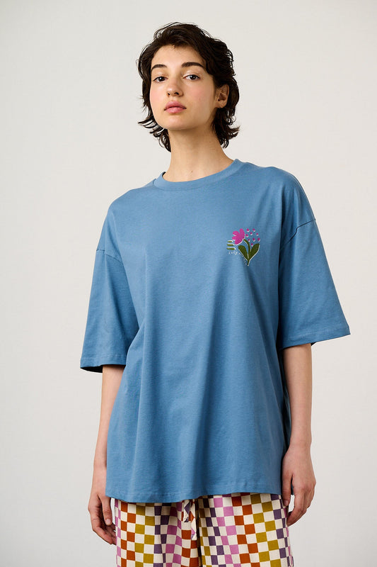 Benny - Oversized Cotton T-Shirt in Navy Retro Picnic Graphic
