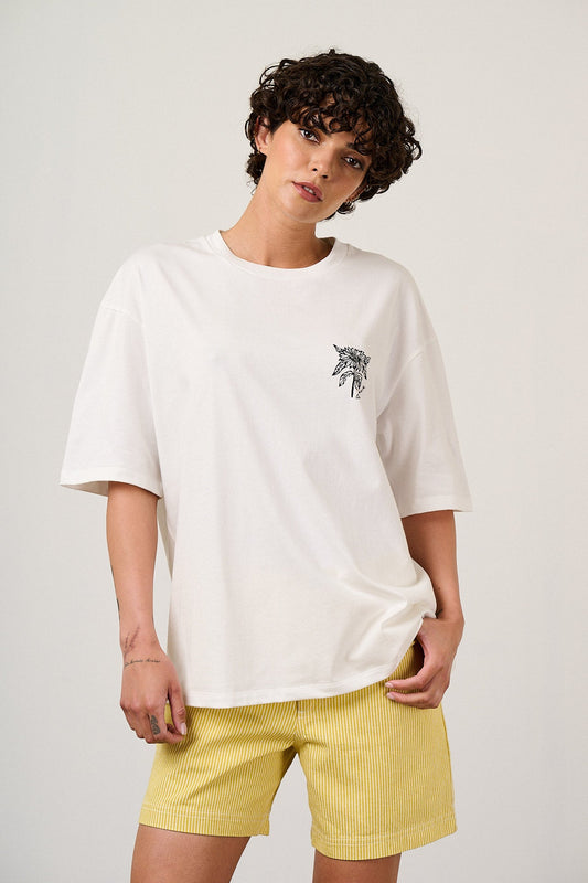 Benny - Oversized Cotton T-Shirt in Ecru Sunflower Print