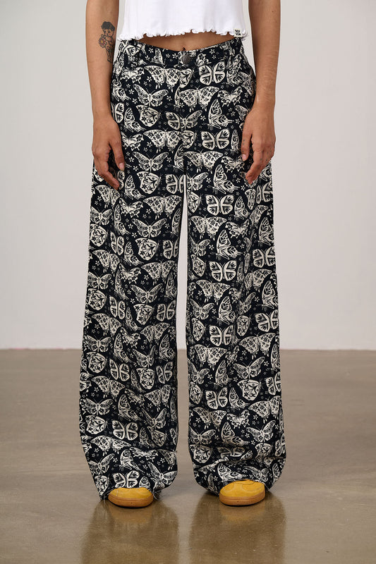 Carter - High Waisted Cotton Trouser in Black & White Butterfly Print