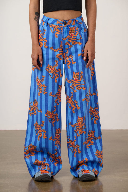 Carter - High Waisted Cotton Trousers in Blue Tiger Stripe