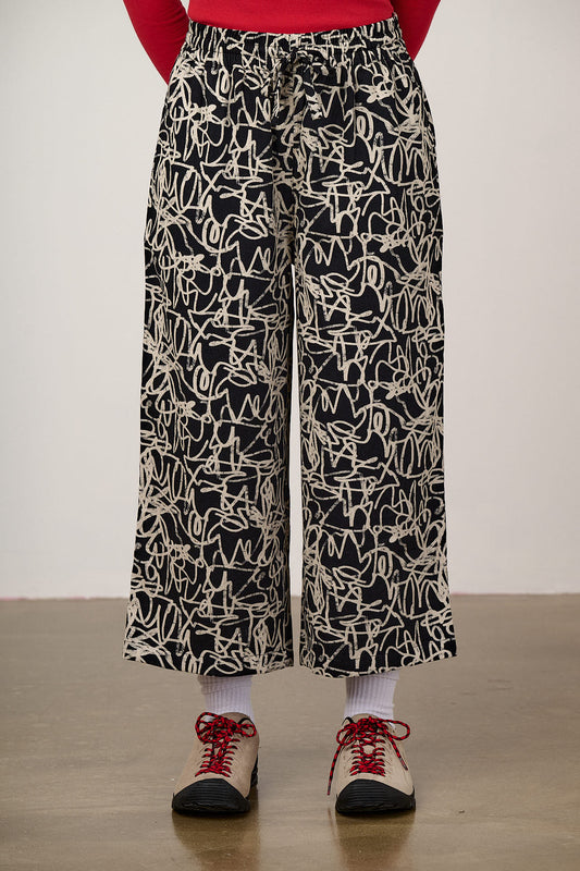 Chuck - Wide Leg Cotton Trousers in Black & White Graffiti Print