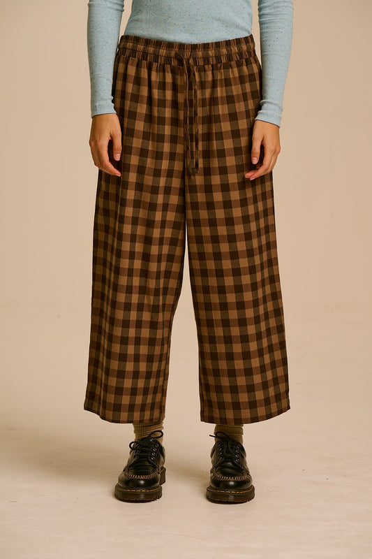 Chuck - Wide Leg Cotton Trousers in Black & Brown Check