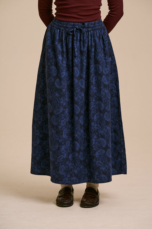 Clara A-Line Midi Skirt - Organic Brushed Cotton in Blue Grunge Paisley