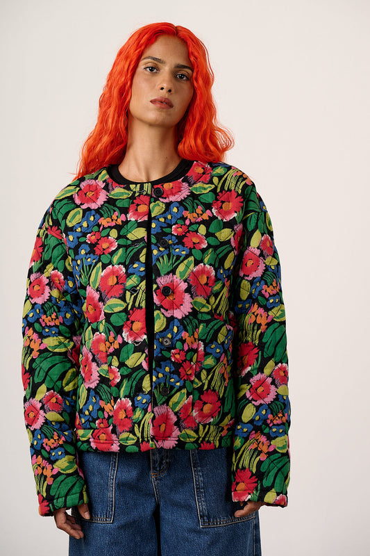 Cleo - Cotton Collarless Quilted Jacket in Black Marie Print