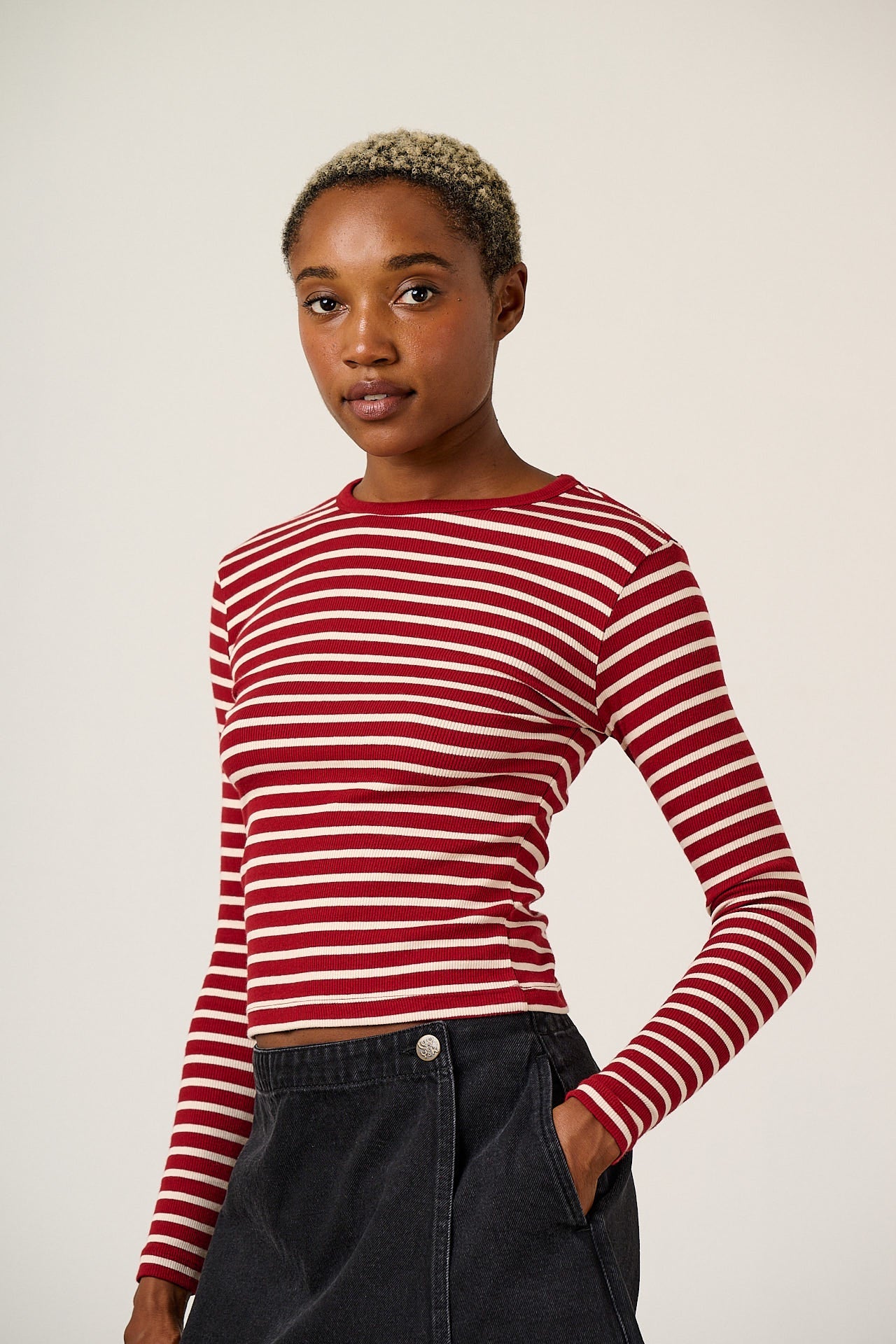 Grayson - Long Sleeve Cotton Top in Maroon Stripe
