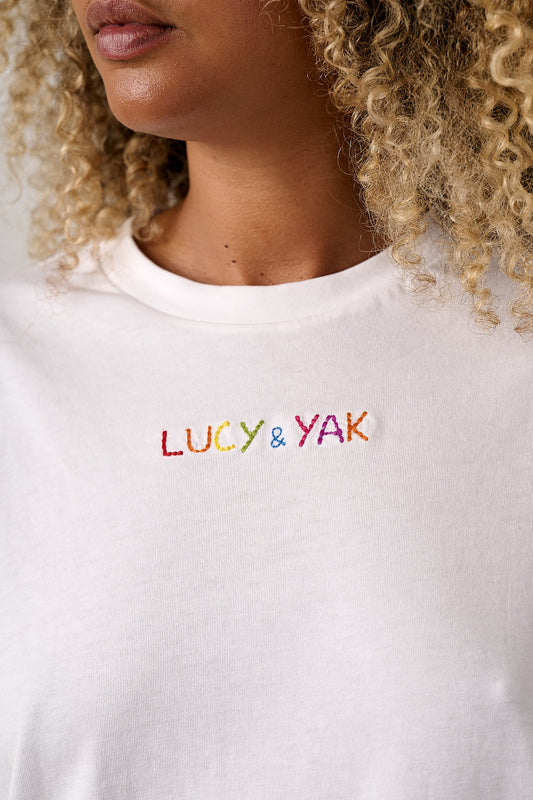 Denver - Cotton T-Shirt in White with Rainbow Logo Embroidery