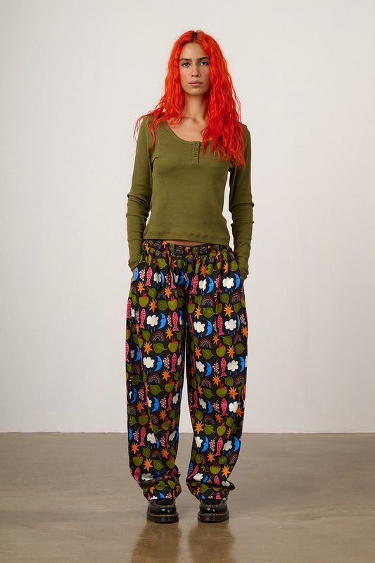 Freddie - Barrel Leg Cotton Jersey Trouser in Naive Shapes Print
