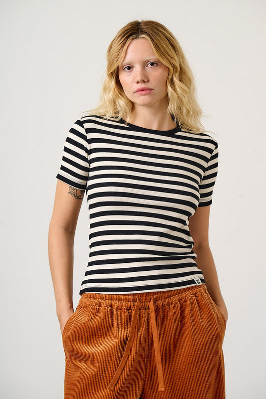 Gracie - Cotton T-Shirt in Monochrome Stripe