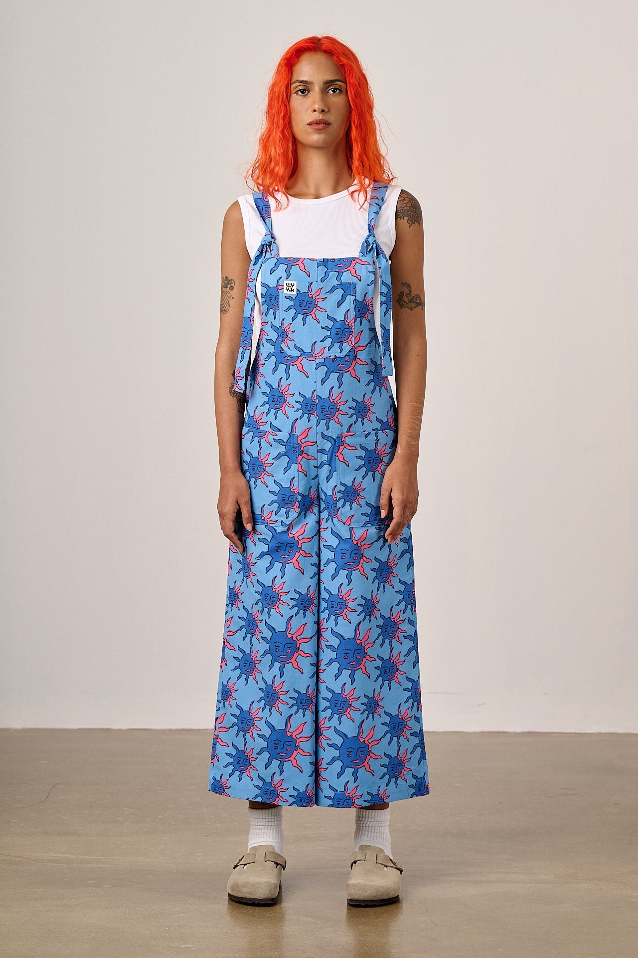 Jenny - Wide Leg Cotton Dungarees in Blue Celestial Sun Print