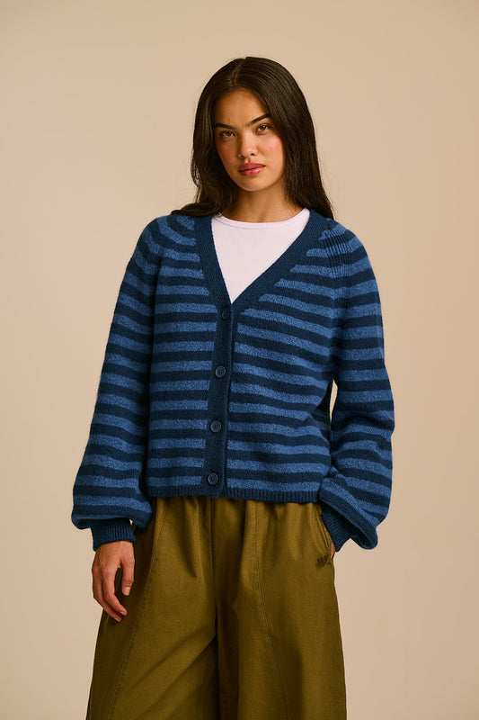 Juniper Cardigan - Recycled Polyester Knit in Blue Stripe