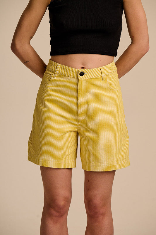 Lexi - High Waist Cotton Shorts in Lemon Hickory Stripe