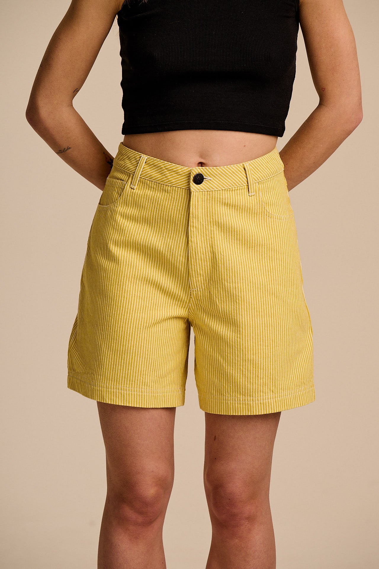Lexi - High Waist Cotton Shorts in Lemon Hickory Stripe