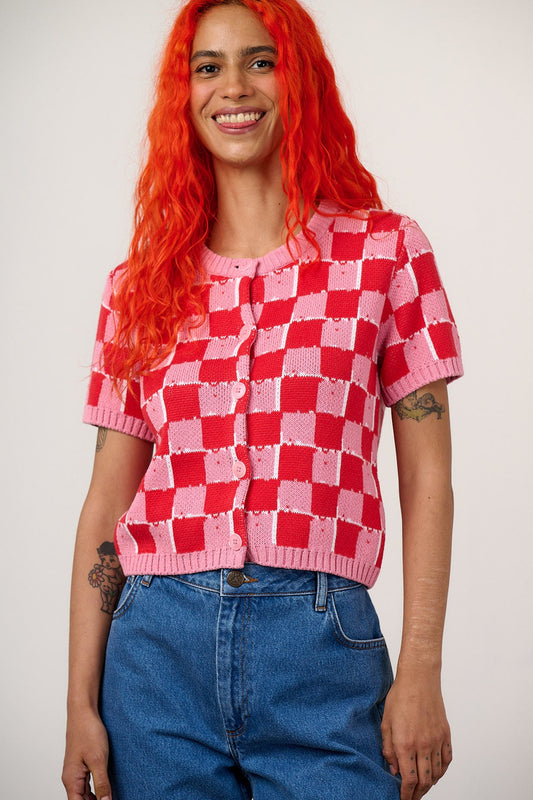 Lizzie - Cotton Short Sleeve Knitted Cardigan in Pink & Red Blurred Checkerboard