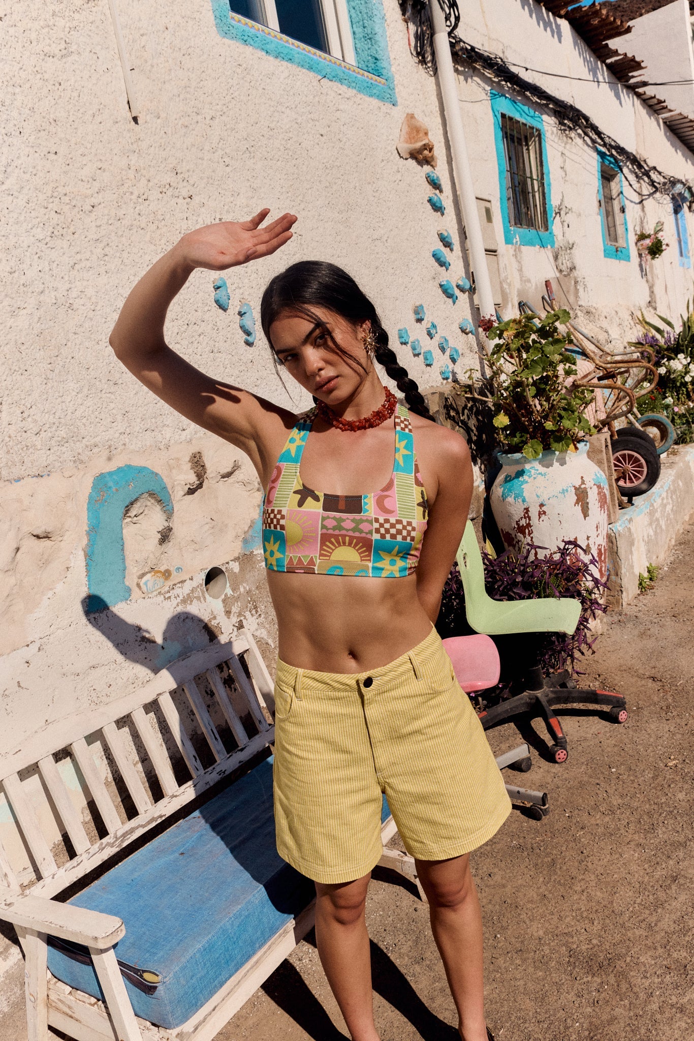 Lexi - High Waist Cotton Shorts in Lemon Hickory Stripe