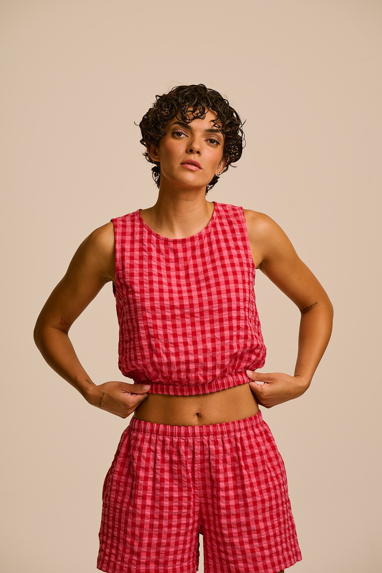 Lumi - Cotton Cropped Woven Top in Pink & Red Check