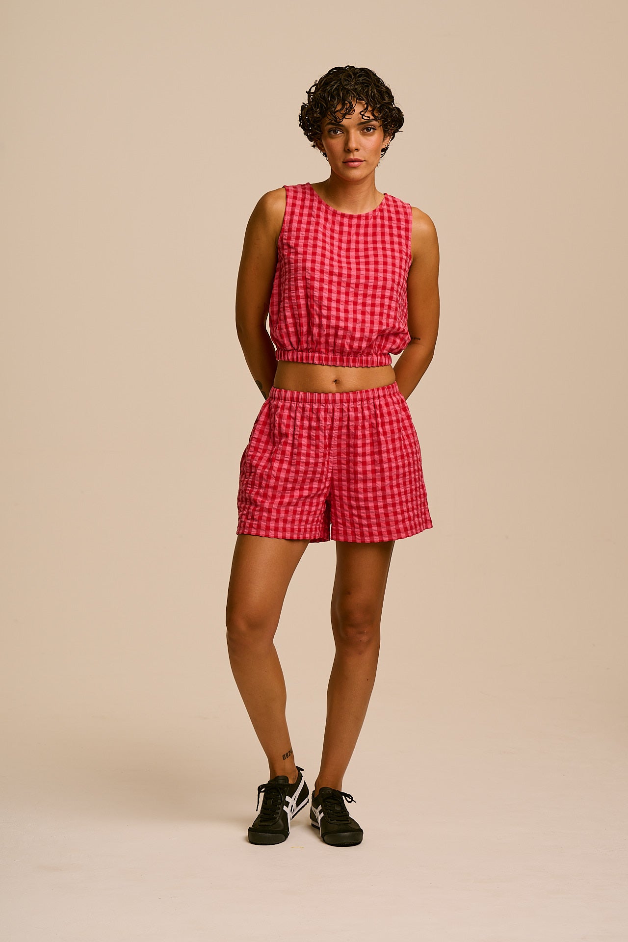 Popan - Cotton Shorts in Pink & Red Check
