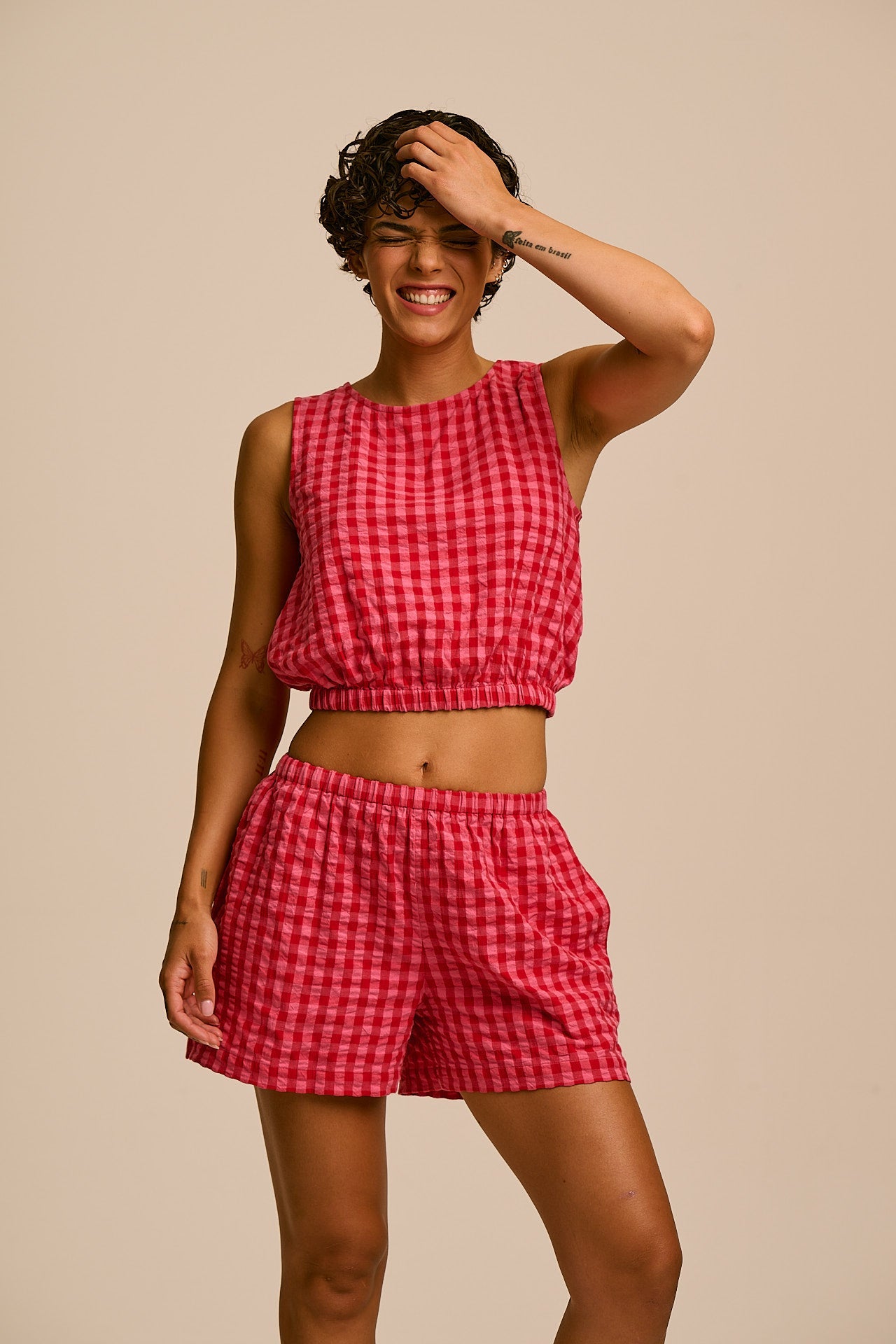 Lumi - Cotton Cropped Woven Top in Pink & Red Check