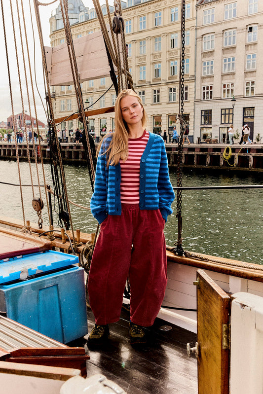 Obregon Barrel Leg Trousers - Organic Cotton Corduroy in Pomegranate