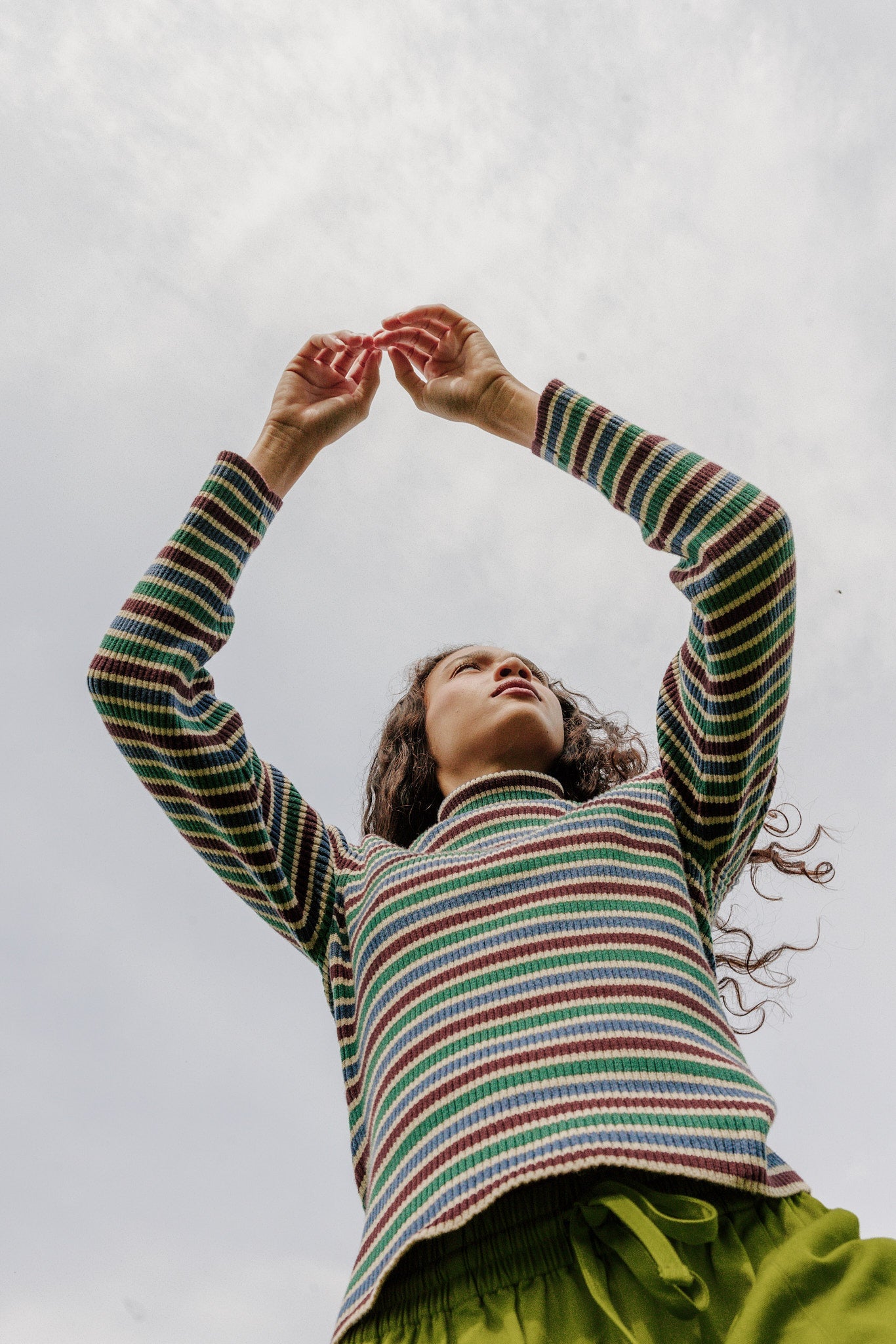 Eva - Cotton Funnel Neck Long Sleeve Top in Earthy Stripe