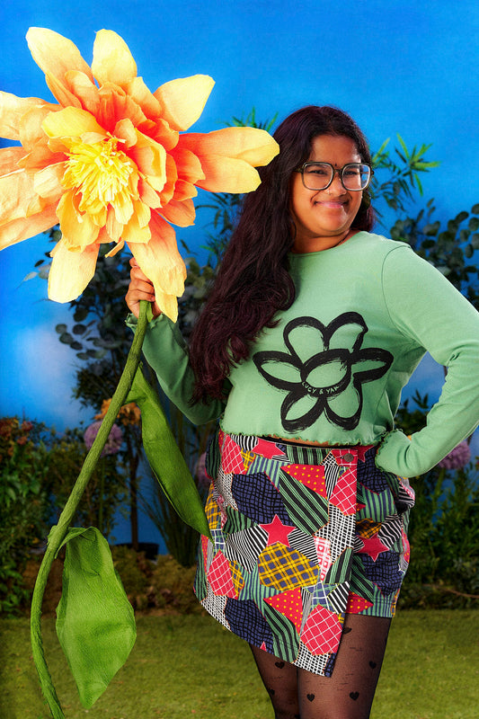 Hansel Long Sleeve Top - Organic Cotton in Green Scribble Floral