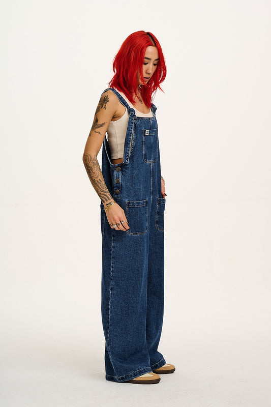 Ali - Wide Leg Denim Dungarees in Mid Wash Blue