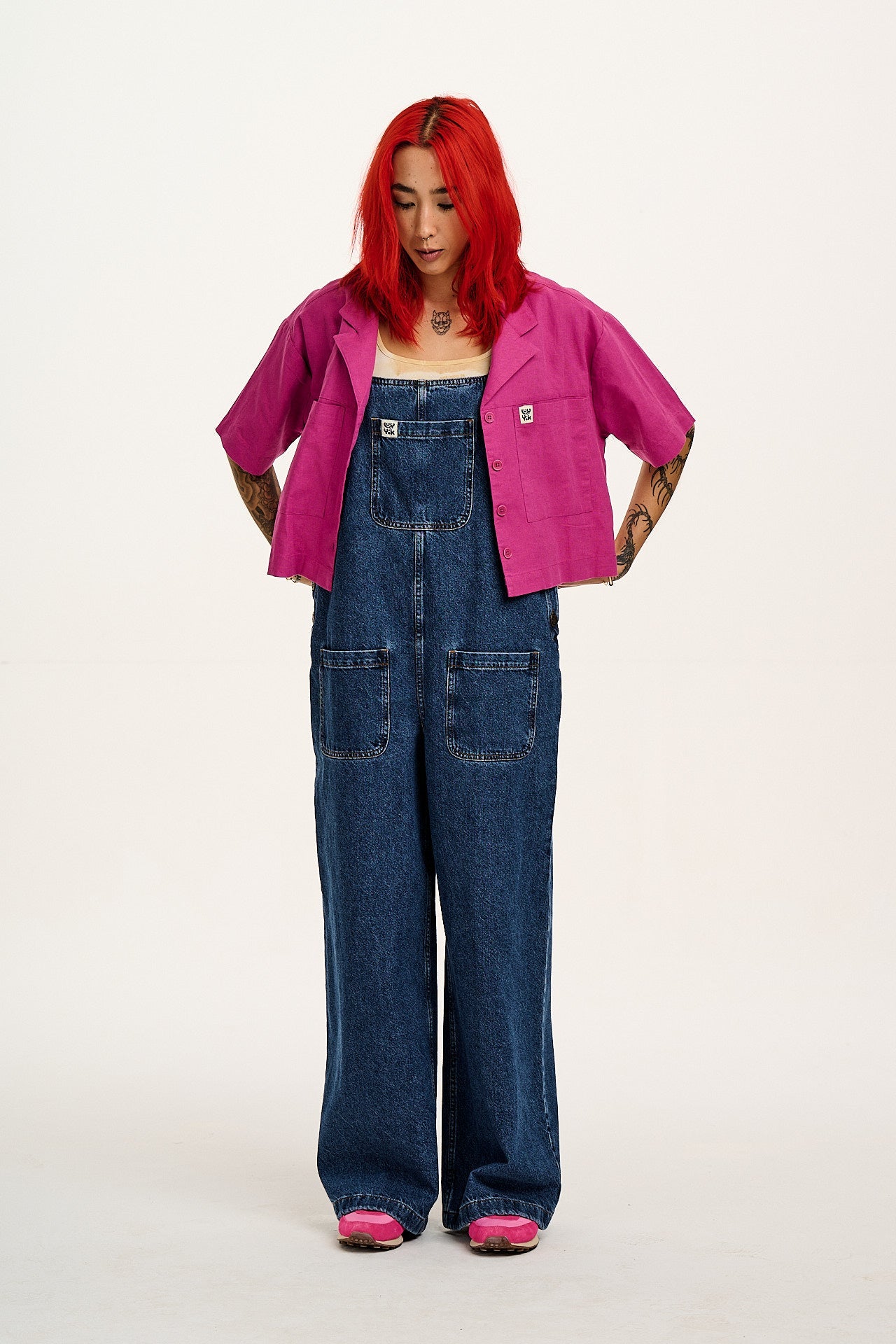 Ali - Wide Leg Denim Dungarees in Mid Wash Blue