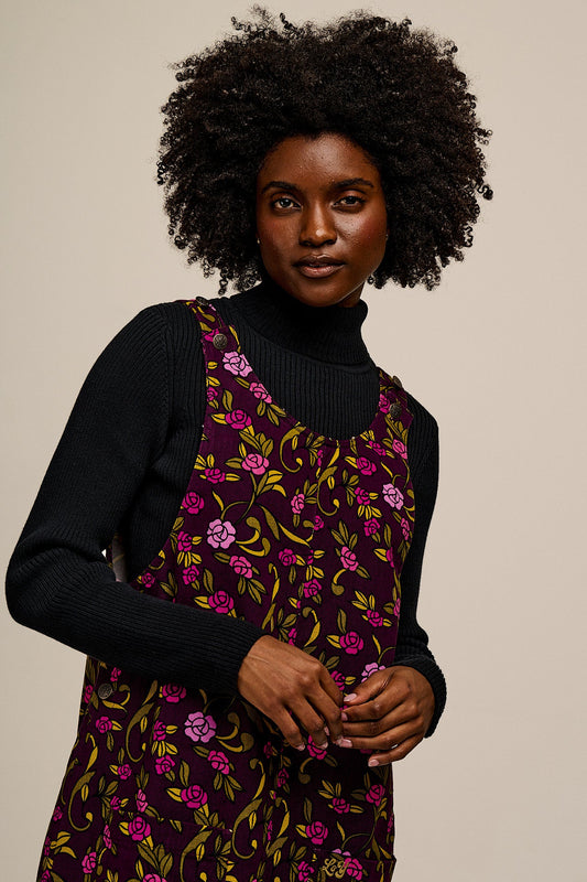 Layla - Mini Cotton Dress in Purple Grunge Floral Print