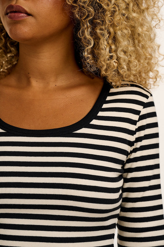 Remy - Ribbed Cotton Scoop Neck Long Sleeve Tee in Black & White Stripe