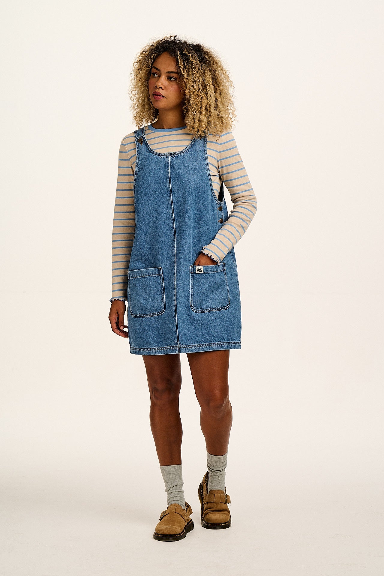 Layla - Mini Denim Dress in Mid Wash Blue