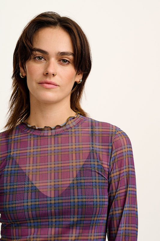 Perrie - Long Sleeve Mesh Top in Purple Grunge Check