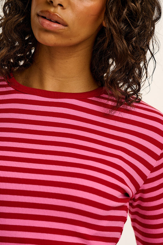 Grayson - Long Sleeve Cotton Tee in Pink & Red Stripe