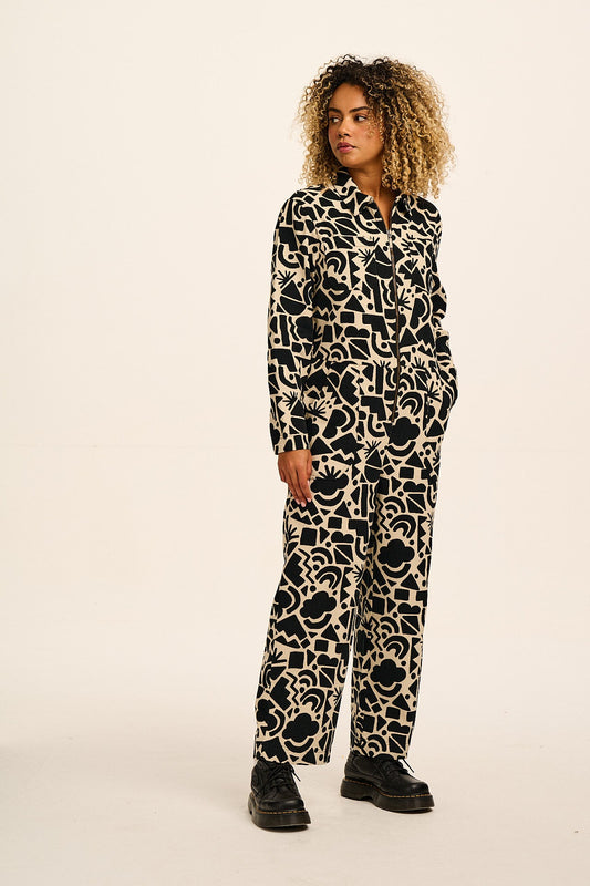 Arendal - Cotton Long Sleeve Jumpsuit in Mono Geo