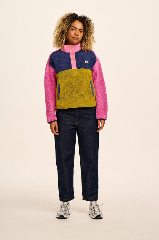 Marlow - Lightweight Button Down Borg Fleece in Bright Colour Block