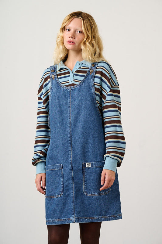 Layla Pinafore Mini Dress - Organic Cotton Denim in Blue Wash