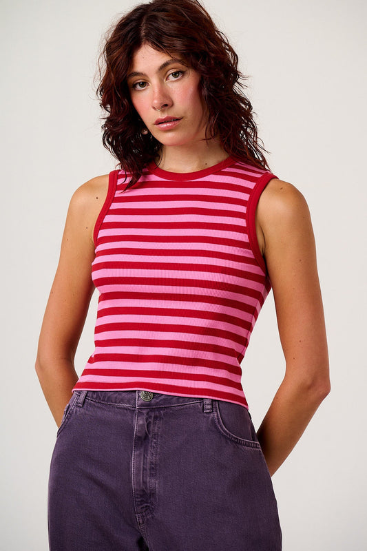 Rue - Cotton Rib Tank Top in Pink & Red Stripe