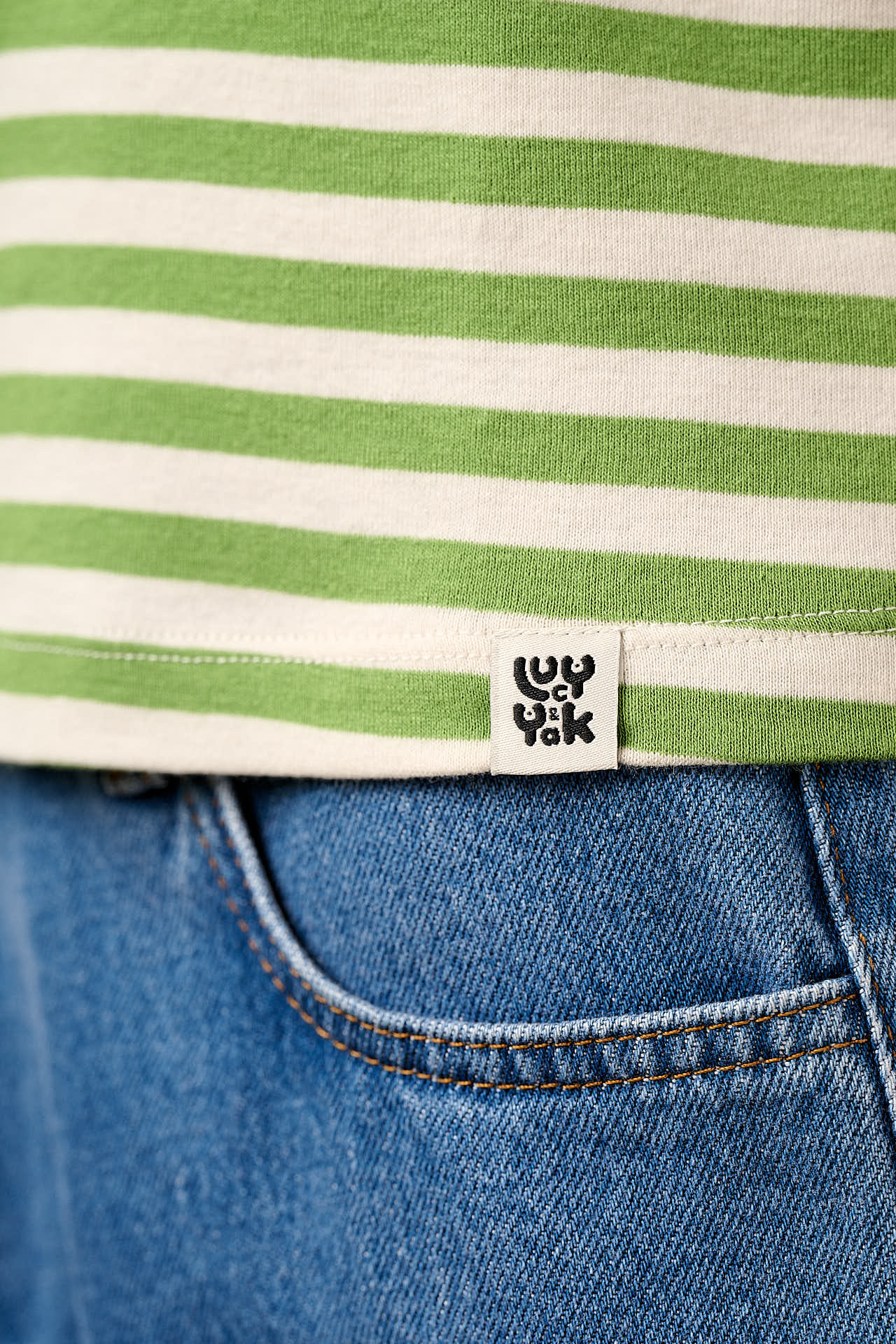 Maya - Cotton T-Shirt in Green Stripe with Flower Embroidery